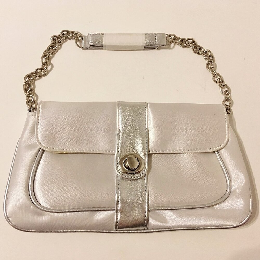 Silver Avon Clutch Purse Fabric Handbag Wedding Evening Bag Chain Strap Lined